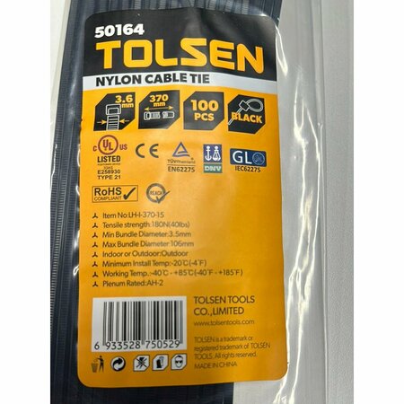 TOLSEN 14.5-in. /370mm x 3.6mm Black Cable Tie UV Rated Nylon, 100PK 50164